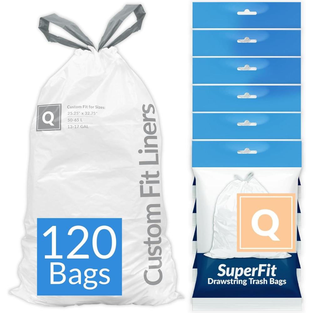 imageReli SuperFit Code Q 120 Count Compatible with Simplehuman Code Q Dispenser Pack Custom Fit Liners Drawstring Trash Bags 5065 Liter 1317 Gallon White