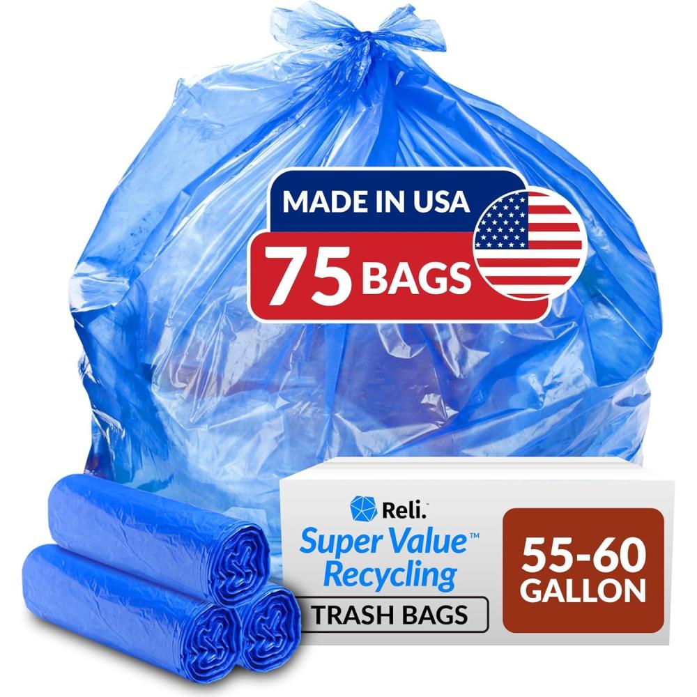 imageReli SuperValue 5560 Gallon Recycling Bags 75 Count Blue Trash Bags Made in the USA
