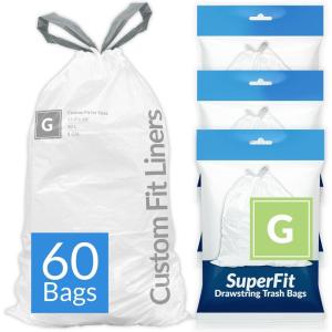 Reli. SuperFit Code G (60 Count) | Compatible with Simplehuman Code G | Dispenser Pack Custom Fit Liners | Drawstring Trash Bags | 30 Liter / 8 Gallon | White