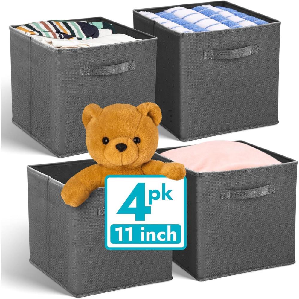 imageReli 11 Inch Cube Storage Bins 4 Pack Cube Organizer Bins 11x11 Fabric Storage Boxes Collapsible Foldable Fabric Cubby Box Square Kids Room Organization Dark Gray
