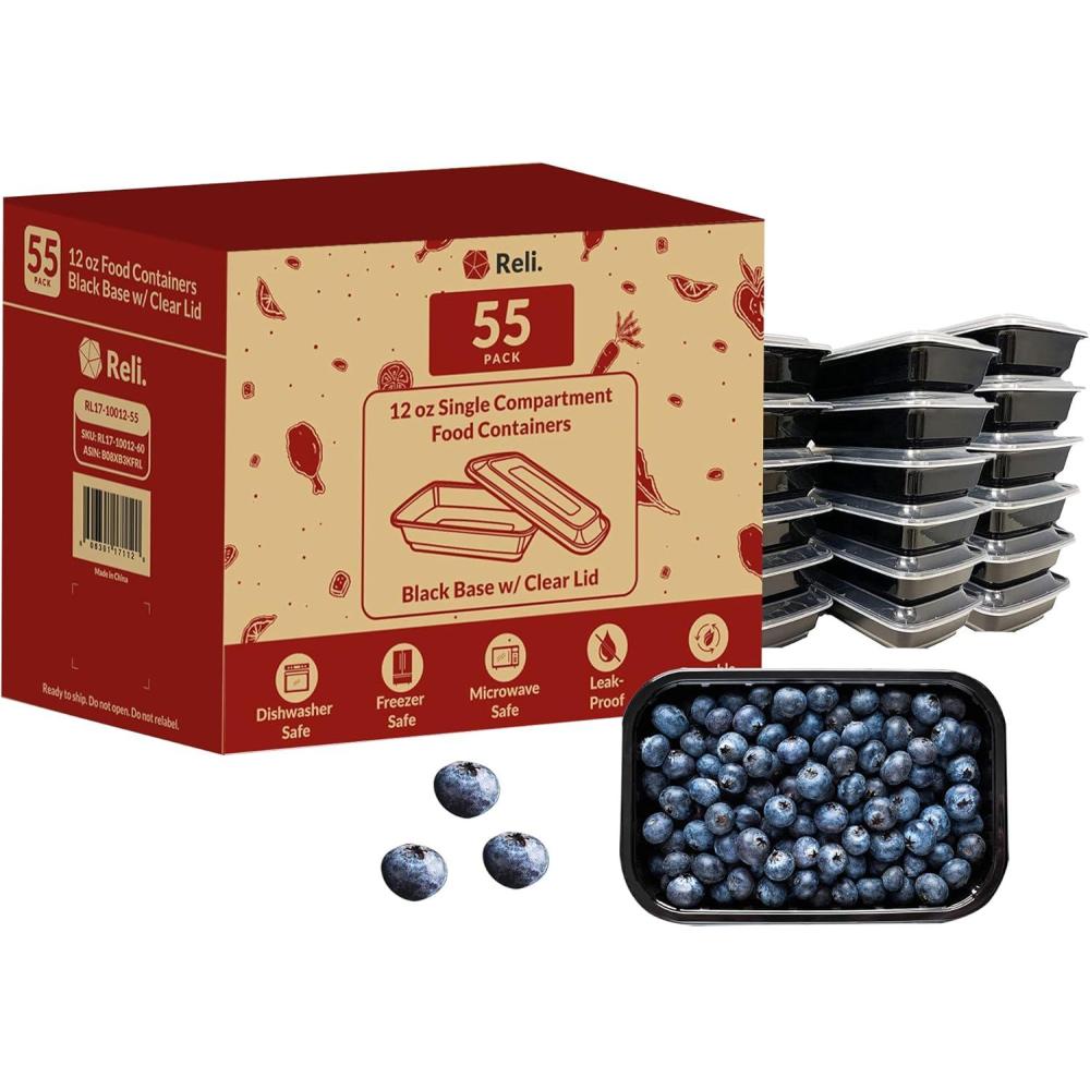 imageReli Meal Prep Containers 12 oz  55 Pack  Small 1 Compartment Food Containers with Lids  Microwavable Food Storage  Black Reusable Bento BoxLunch Box for Meal Prep Small