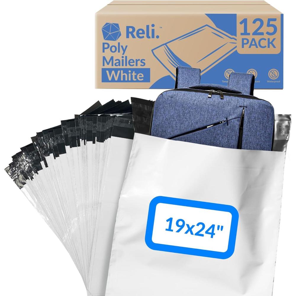 imageReli 125 Pcs Poly Mailers 19x24 White Large Shipping Bags for Small Business Mailing Bag for Shipping Packaging for Clothing NonPadded EnvelopesPolybags Self Sealing125