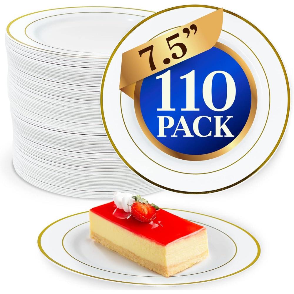 imageReli 110 Pcs Plastic Dessert Plates Disposable 75 inch White wGold Rim Plates for Party Heavy Duty Hard Plastic Small Dessert Platter for Wedding Birthday SaladAppetizer 75