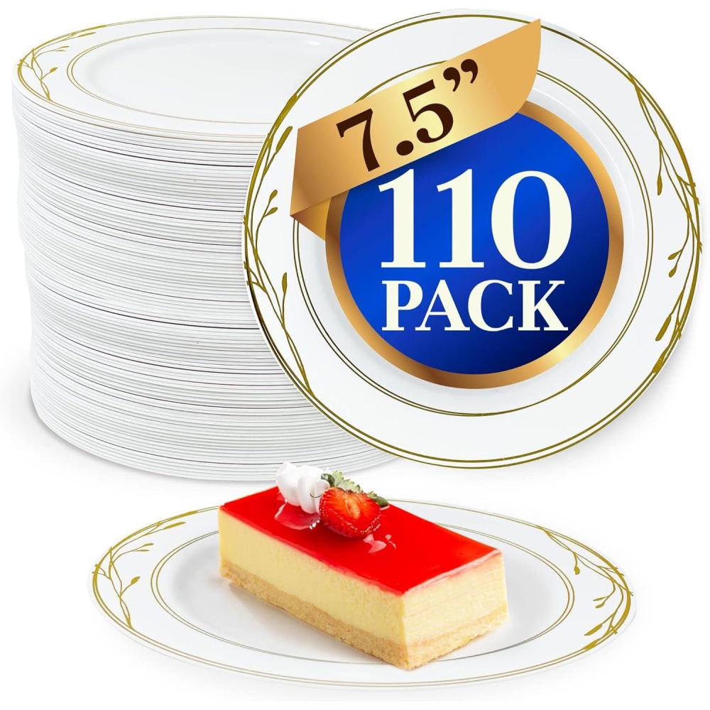 imageReli Disposable Plastic Plates White amp Gold Rim 110 Pcs 75 Dessert Plate Hard Plastic DessertSaladCake Heavy Duty Disposable Round Trays for Party Wedding Event Gold Trim