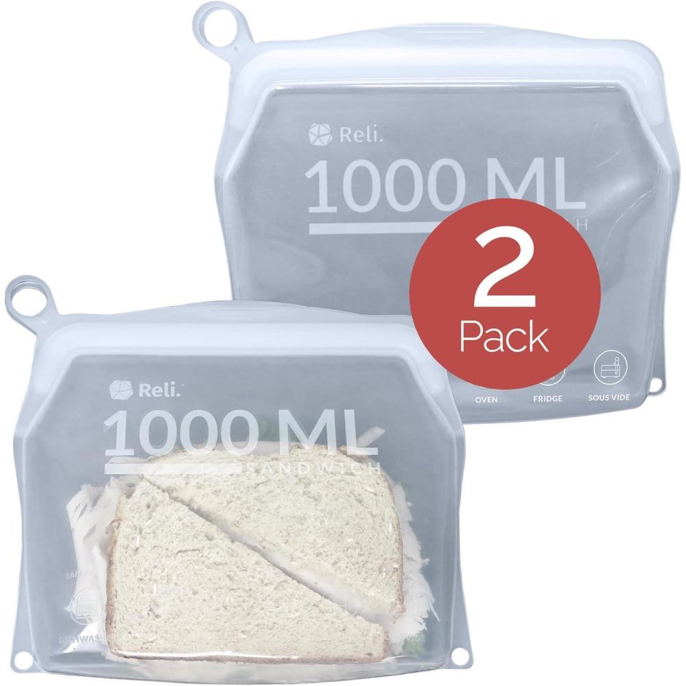 imageReli Reusable Silicone Bags 2 Pack  Sandwich 1000 ml Clear  Silicone Bags for Food Storage  Reusable Food Storage for Meal Prep  LeakProof DishwasherFreezer Safe