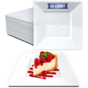Reli. 55 Pcs Square Plastic Plates Disposable | 6.5″ White Disposable Dessert Plates for Party | Hard Plastic | Fancy for Party, Wedding, Small Appetizer, Salads, Dessert