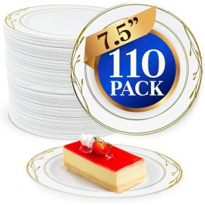 Reli. Disposable Plastic Plates, White & Gold Rim (110 Pcs, 7.5″ Dessert Plate) | Hard Plastic Dessert/Salad/Cake | Heavy Duty Disposable Round Trays for Party, Wedding, Event (Gold Trim)