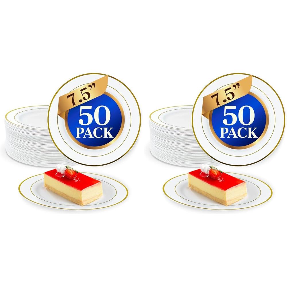 imageReli 50 Pcs Plastic Dessert Plates Disposable 75 inch White wGold Rim Small Plates for Party Heavy Duty Hard Plastic for Dessert Wedding Birthday SaladAppetizer 75 Pack of 275 Pack of 2