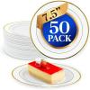 Reli. 50 Pcs Plastic Dessert Plates, Disposable (7.5 inch, White w/Gold Rim) | Small Plates for Party, Heavy Duty | Hard Plastic, for Dessert, Wedding, Birthday, Salad/Appetizer (7.5″) (Pack of 2)(7.5″)