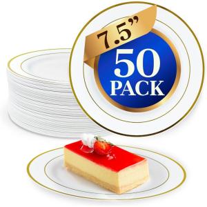 Reli. 50 Pcs Plastic Dessert Plates, Disposable (7.5 inch, White w/Gold Rim) | Small Plates for Party, Heavy Duty | Hard Plastic, for Dessert, Wedding, Birthday, Salad/Appetizer (7.5″) (Pack of 2)(7.5″)
