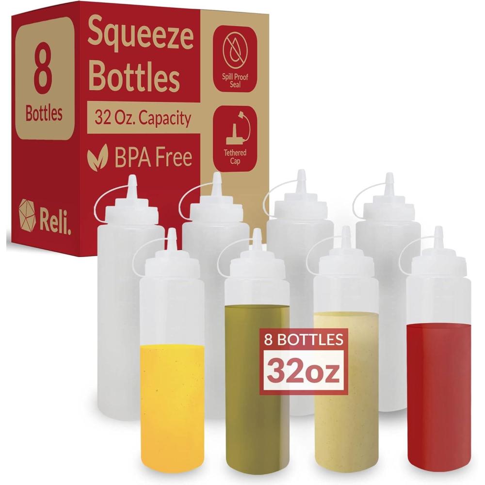 imageReli Plastic Squeeze Bottles 32 oz 8 Pack Condiment Squeeze Bottles for Sauces Clear wTethered Caps 32 Ounce Hot Sauce Ketchup Condiments Olive Oil Liquids8