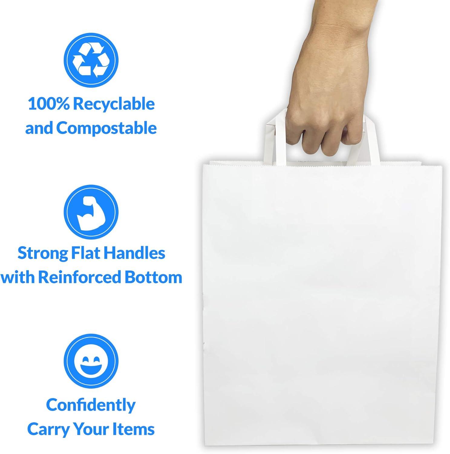 imageReli 100 Pack 10x675x12 Large White Paper Bags wHandles Ideal for To GoTake OutRestaurant Bags with Handles Shopping Retail Gifts 25 larger than 10x5x13