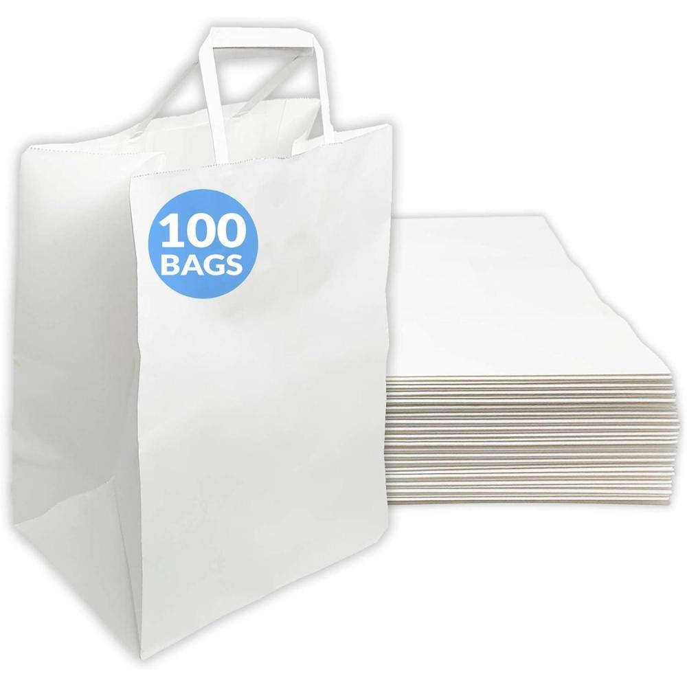 imageReli 100 Pack 10x675x12 Large White Paper Bags wHandles Ideal for To GoTake OutRestaurant Bags with Handles Shopping Retail Gifts 25 larger than 10x5x13