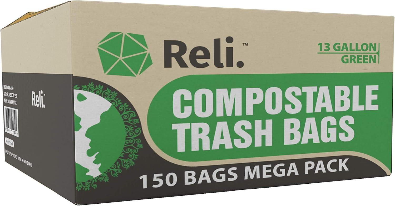 imageReli Compostable 13 Gallon Trash Bags 150 Count Bulk ASTM D6400 Green EcoFriendly For Compost