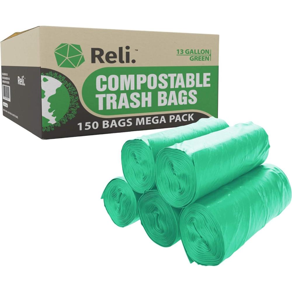 imageReli Compostable 13 Gallon Trash Bags 150 Count Bulk ASTM D6400 Green EcoFriendly For Compost