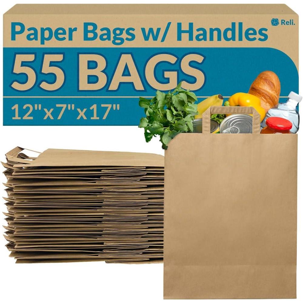 imageReli Paper Grocery Bags with Handles 55 Pcs Bulk 12x7x17 Kraft Brown Paper Bags Large Use for Grocery TakeOut Restaurant Retail Shopping