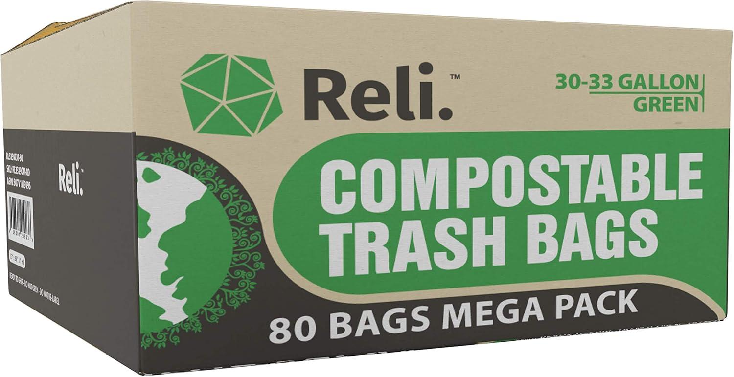 imageReli Compostable 33 Gallon Trash Bags 80 Count Bulk ASTM D6400 Green EcoFriendly For Compost