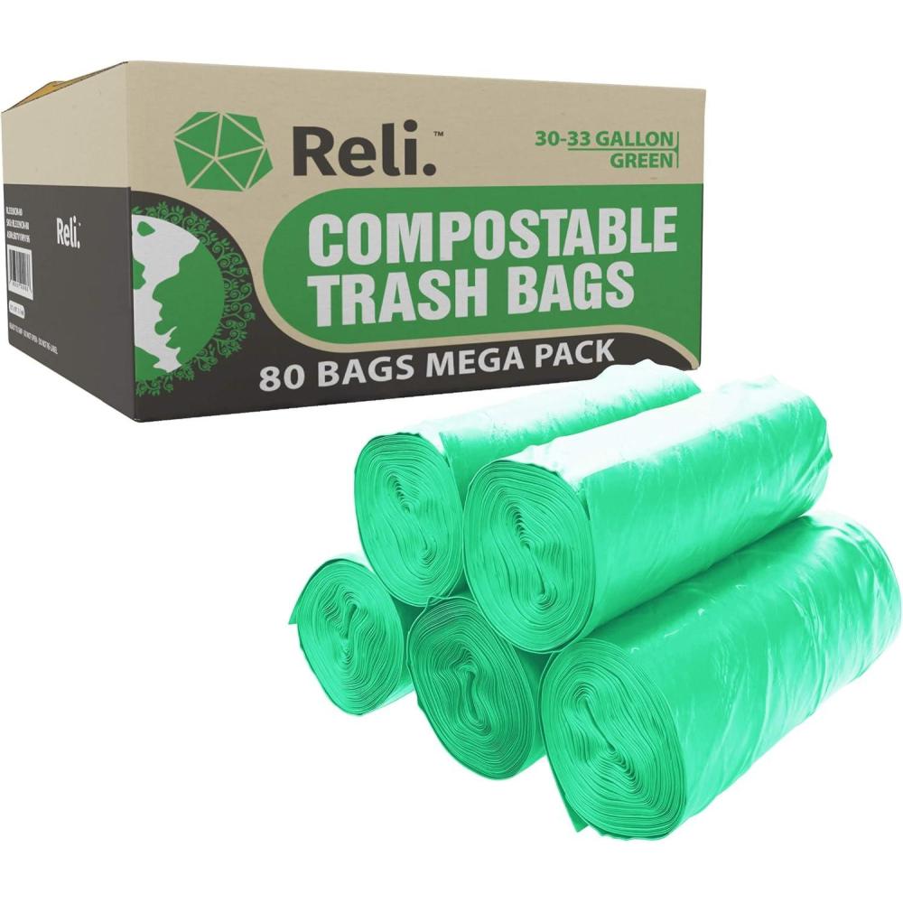 imageReli Compostable 33 Gallon Trash Bags 80 Count Bulk ASTM D6400 Green EcoFriendly For Compost
