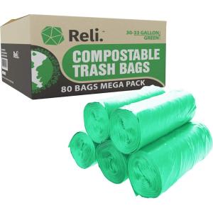 Reli. Compostable 33 Gallon Trash Bags | 80 Count Bulk | ASTM D6400 | Green | Eco-Friendly | For Compost