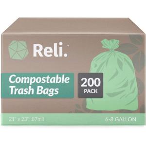 Reli. Compostable 6-8 Gallon Trash Bags | 200 Count Bulk | ASTM D6400 | Green | Eco-Friendly | For Compost