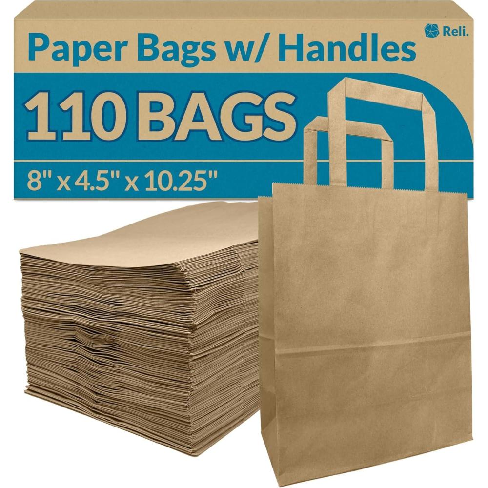 imageReli 8x45x1025 in Brown Paper Bags with Handles 110 Pack Kraft Brown Paper Bags with Flat Handles Bulk Ideal for Gifts Retail Shopping Merchandise Crafts