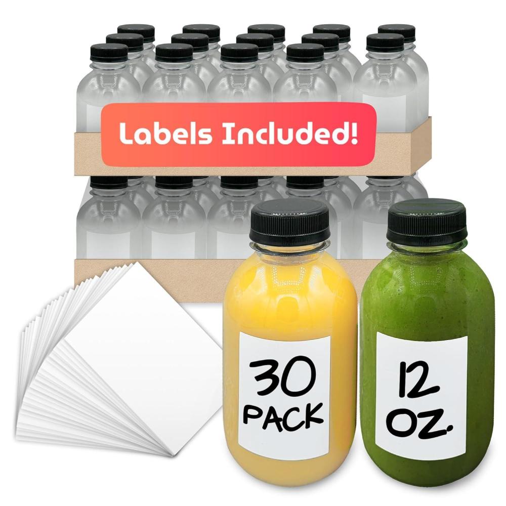 imageReli Plastic Juice Bottles 30 Pack Bulk 12 oz Round Plastic Juice Bottles with Caps amp Sticker Labels Clear Empty for Juicing 12oz Disposable Reusable Containers for Juicing Smoothies