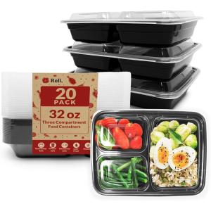 Reli. Meal Prep Containers 32 oz (20 Pack) 3 Compartment Meal Prep Containers Reusable, Microwave Safe | Plastic Togo Box for Food | Mealprep Box for Takeout, To Go, Leftover, Food