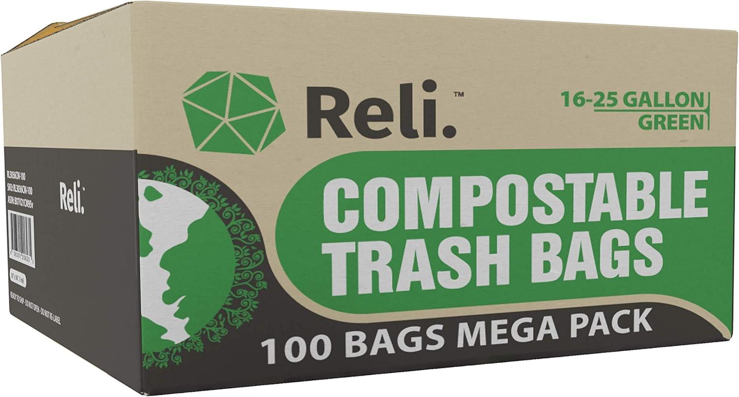 imageReli Compostable 1625 Gallon Trash Bags 100 Count Bulk ASTM D6400 Green EcoFriendly For Compost