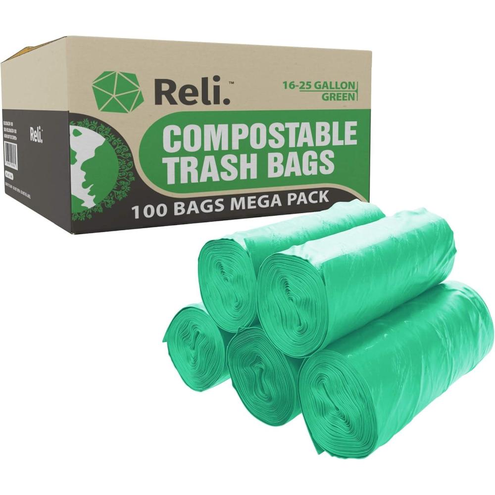 imageReli Compostable 1625 Gallon Trash Bags 100 Count Bulk ASTM D6400 Green EcoFriendly For Compost