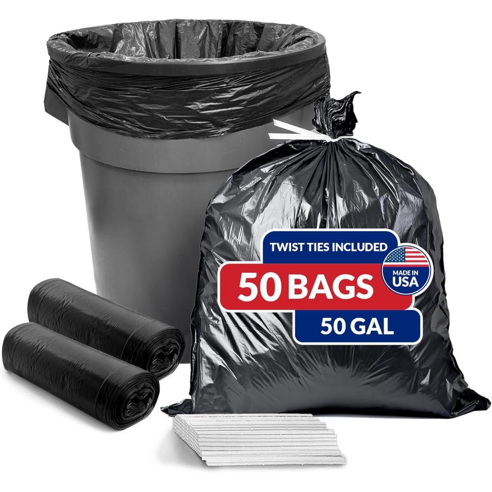 imageReli 50 Gallon Trash Bags 50 Count Black Twist Ties Included Extra Tough LeakProof Heavy Duty Garbage Bags Ideal for Large Clean Ups