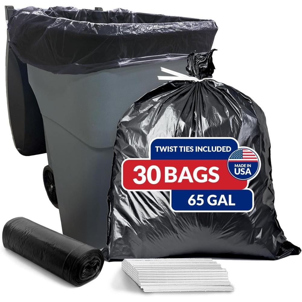 imageReli 65 Gallon Trash Bags 30 Count Black Twist Ties Included Extra Tough LeakProof Heavy Duty Garbage Bags Ideal for Large Clean Ups