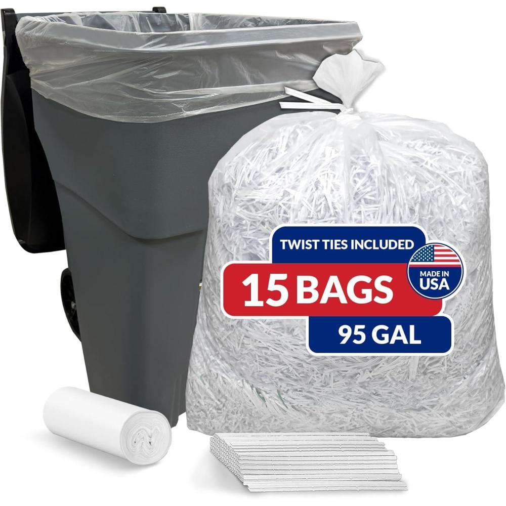 imageReli 95 Gallon Trash Bags 15 Count Clear Twist Ties Included Extra Tough LeakProof Heavy Duty Garbage Bags Ideal for Large Clean Ups