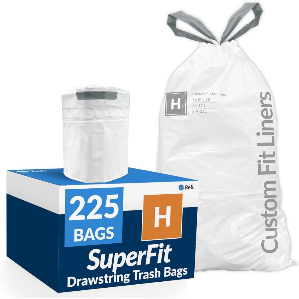 imageReli SuperFit Code H 225 Count Compatible with Simplehuman Code H Custom Fit Liners Drawstring Trash Bags 3035 Liter 89 Gallon White Roll Pack
