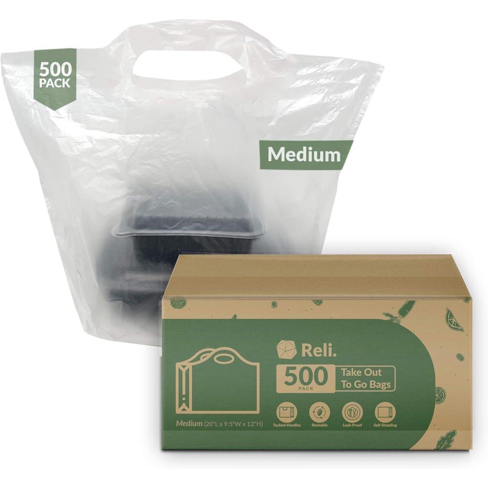 imageReli Take OutTo Go Bags 500 Count Bulk Medium 20 L x 95 W x 12 H White Carry Out Shopping Bag Die Cut Handle Square Bottom Reusable Food Service Restaurant Catering Delivery