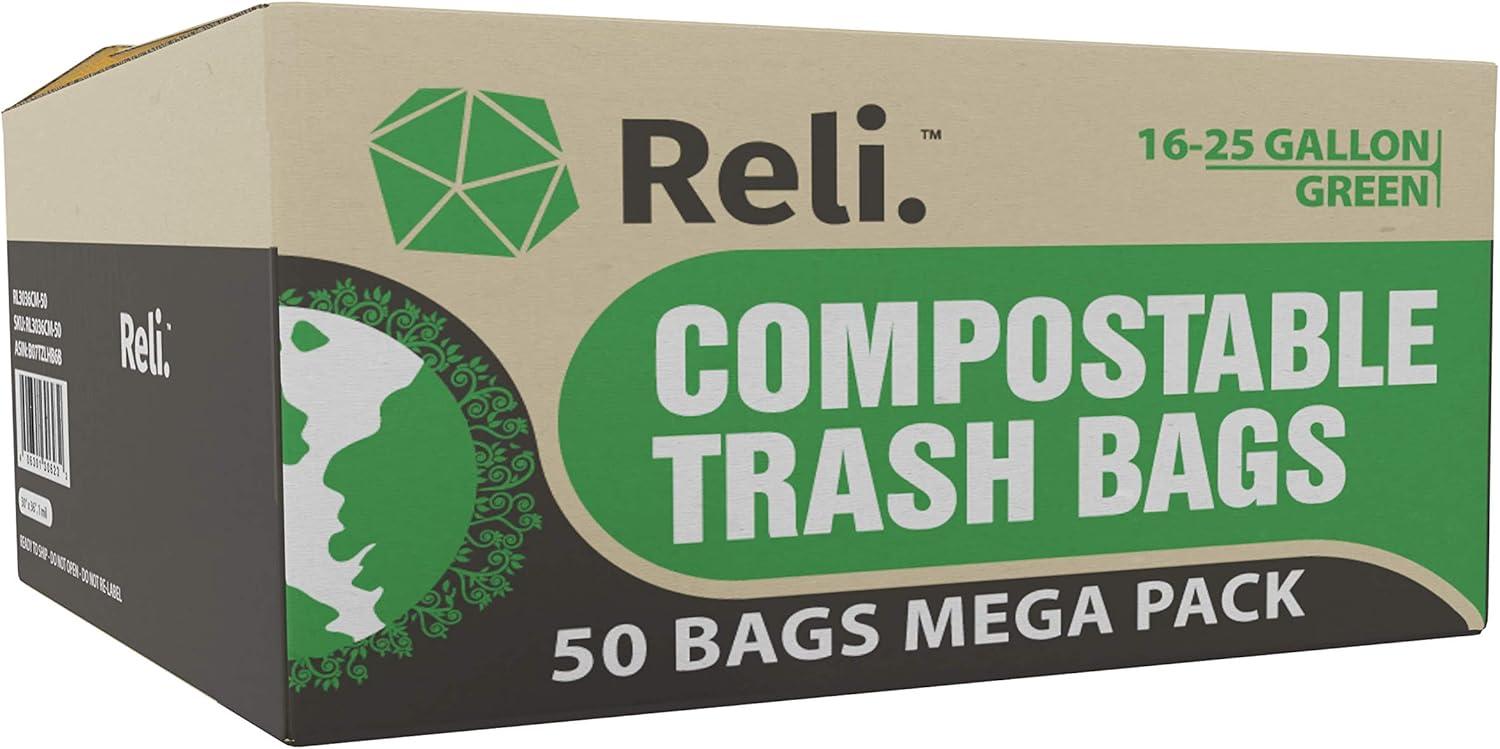 imageReli Compostable 1625 Gallon Trash Bags 50 Count ASTM D6400 Green EcoFriendly For Compost