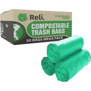 Reli. Compostable 16-25 Gallon Trash Bags | 50 Count | ASTM D6400 | Green | Eco-Friendly | For Compost