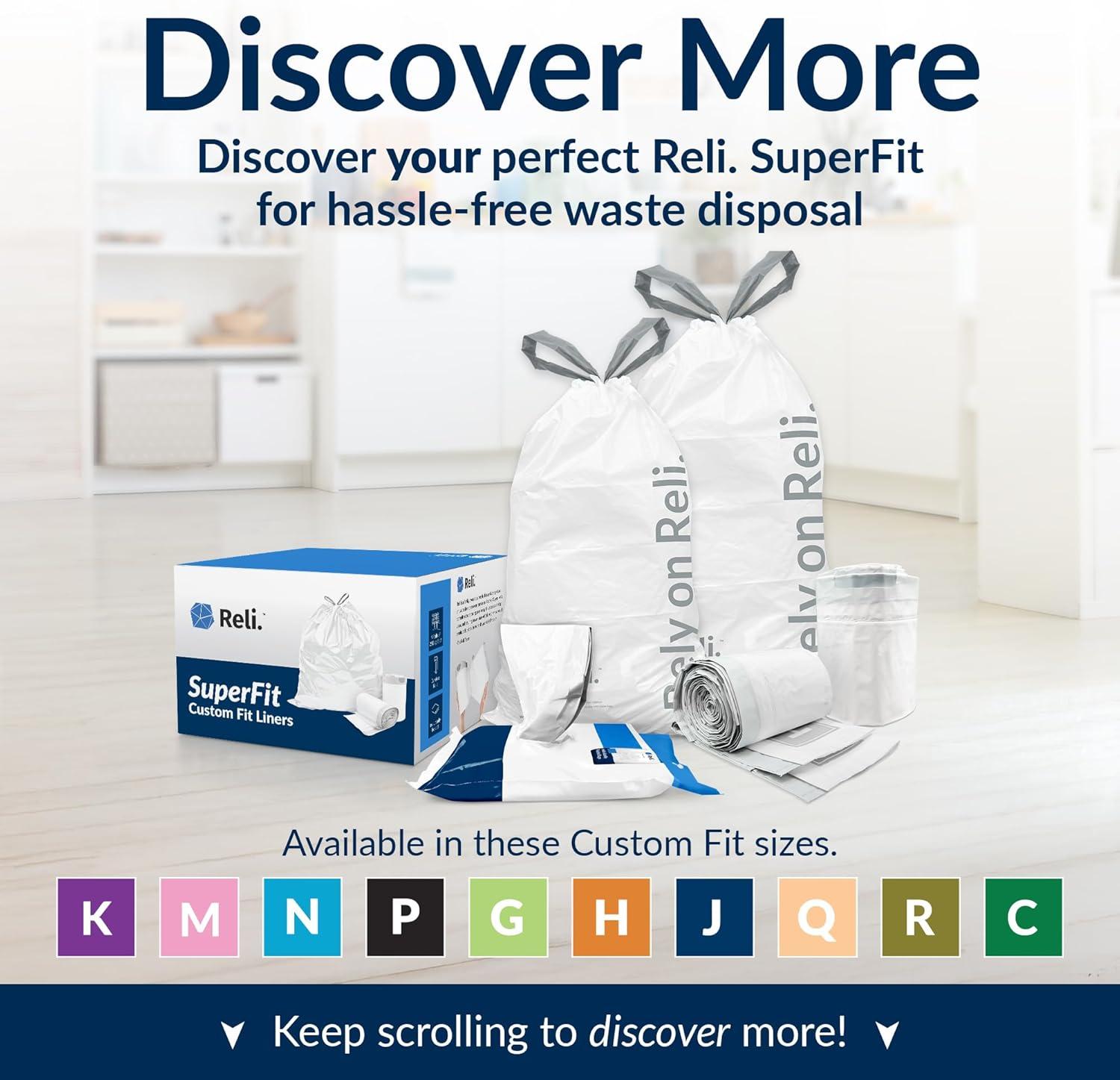 imageReli SuperFit Code K 225 Count Compatible with Simplehuman Code K Custom Fit Liners Drawstring Trash Bags 3545 Liter 912 Gallon White Roll Pack