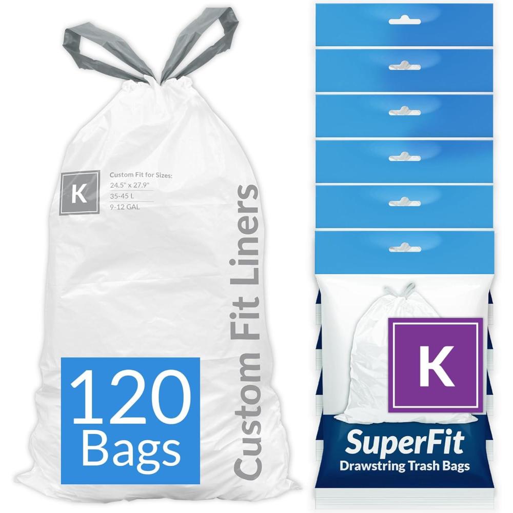 imageReli SuperFit Code K 120 Count Compatible with Simplehuman Code K Dispenser Pack Custom Fit Liners Drawstring Trash Bags 3545 Liter 912 Gallon White