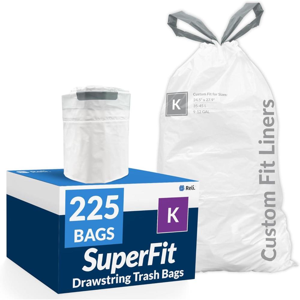 imageReli SuperFit Code K 225 Count Compatible with Simplehuman Code K Custom Fit Liners Drawstring Trash Bags 3545 Liter 912 Gallon White Roll Pack