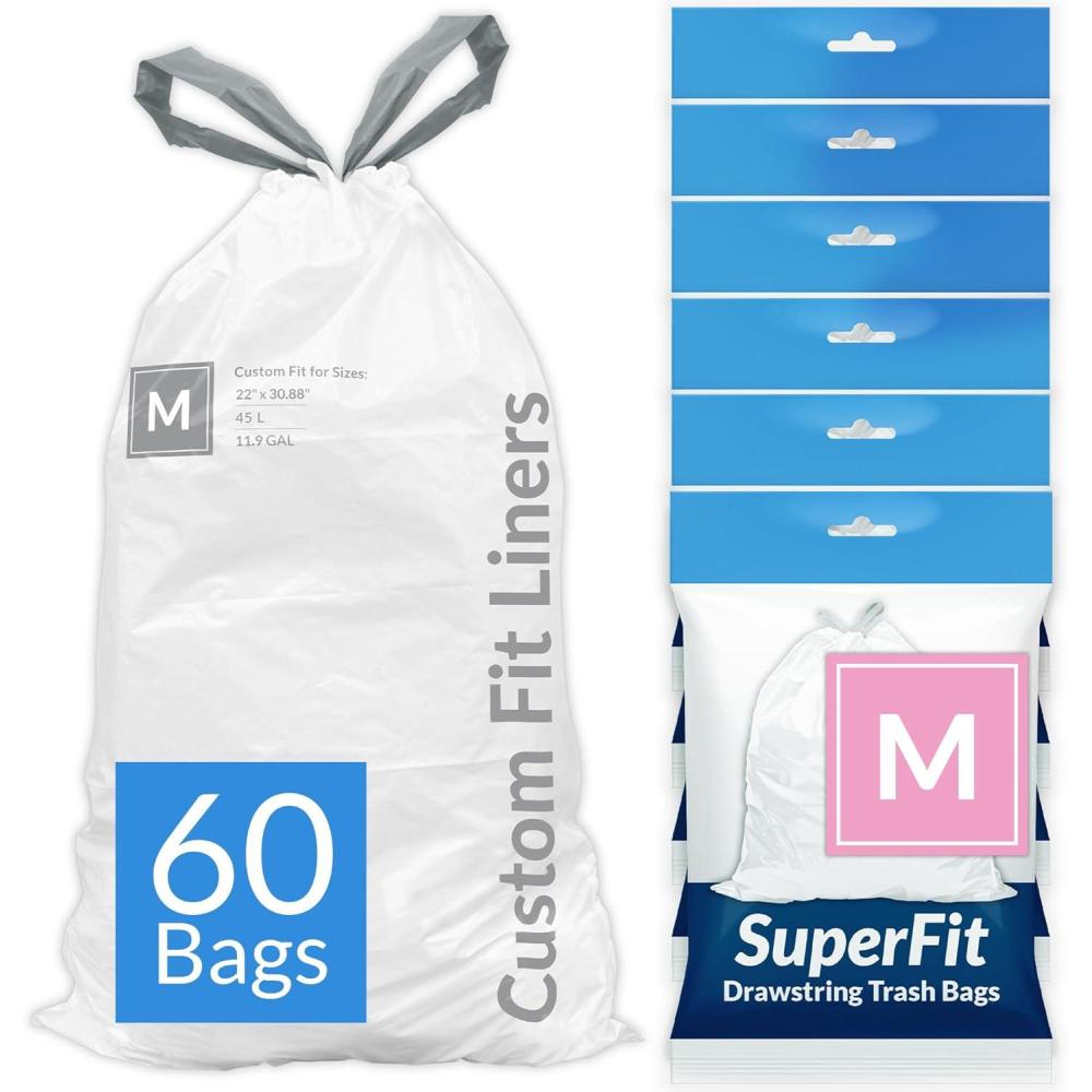 imageReli SuperFit Code M 60 Count Compatible with Simplehuman Code M Dispenser Pack Custom Fit Liners Drawstring Trash Bags 45 Liter 119 Gallon White