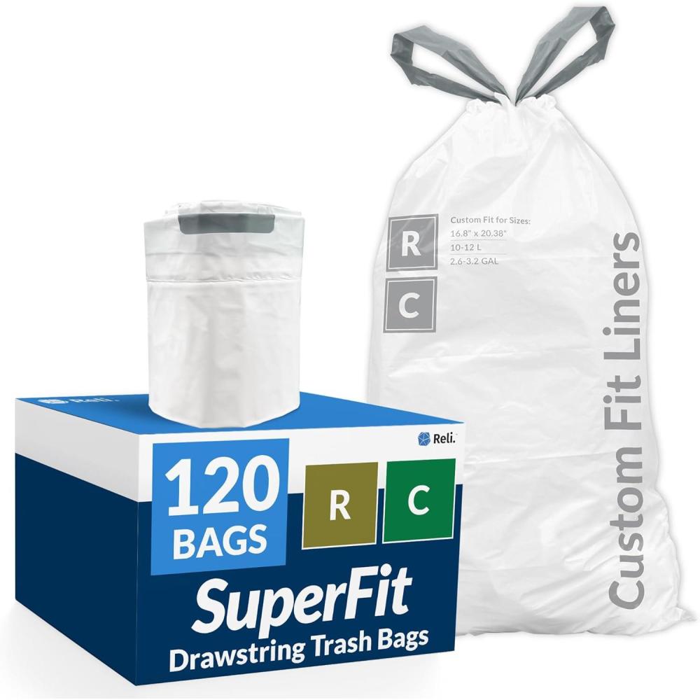 imageReli SuperFit Code RC 120 Count Compatible with Simplehuman Code RC Custom Fit Liners Drawstring Trash Bags 1012 Liter 2632 Gallon White Roll Pack