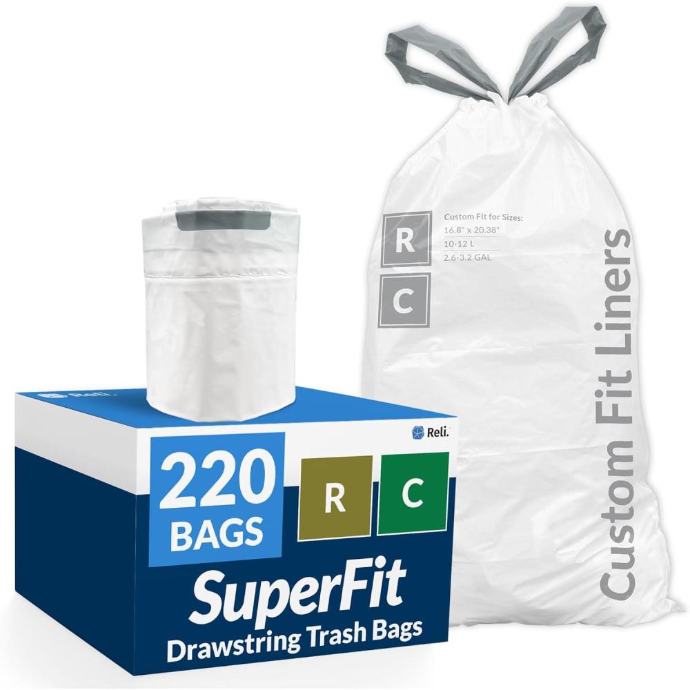imageReli SuperFit Code RC 220 Count Compatible with Simplehuman Code RC Custom Fit Liners Drawstring Trash Bags 1012 Liter 2632 Gallon White Roll Pack