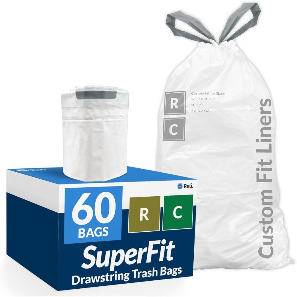 imageReli SuperFit Code RC 60 Count Compatible with Simplehuman Code RC Custom Fit Liners Drawstring Trash Bags 1012 Liter 2632 Gallon White Roll Pack