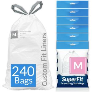 Reli. SuperFit Code M (240 Count) | Compatible with Simplehuman Code M | Dispenser Pack Custom Fit Liners | Drawstring Trash Bags | 45 Liter / 11.9 Gallon | White