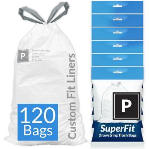 Reli. SuperFit Code P (120 Count) | Compatible with Simplehuman Code P | Dispenser Pack Custom Fit Liners | Drawstring Trash Bags | 50-60 Liter / 13-16 Gallon | White