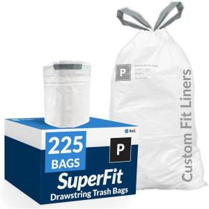 Reli. SuperFit Code P (225 Count) | Compatible with Simplehuman Code P | Custom Fit Liners | Drawstring Trash Bags | 50-60 Liter / 13-16 Gallon | White | Roll Pack