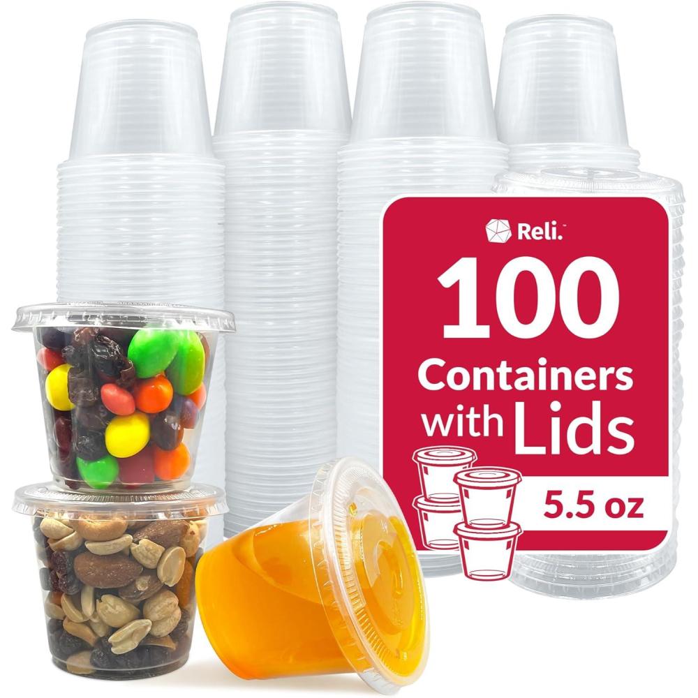 imageReli 55 oz Condiment Containers with Lids 100 sets Ideal for Sauce Souffle Samples Jello Shot Cups Disposable BPAFree Plastic Small Containers 55oz Bulk