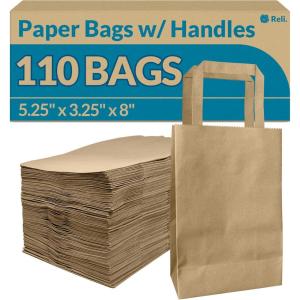 Reli. 5.25×3.25×8 in. Small Paper Bags with Handles | 110 Pack | Kraft Brown Paper Bags with Flat Handles Bulk | Ideal for Gifts, Retail, Shopping, Merchandise, Crafts