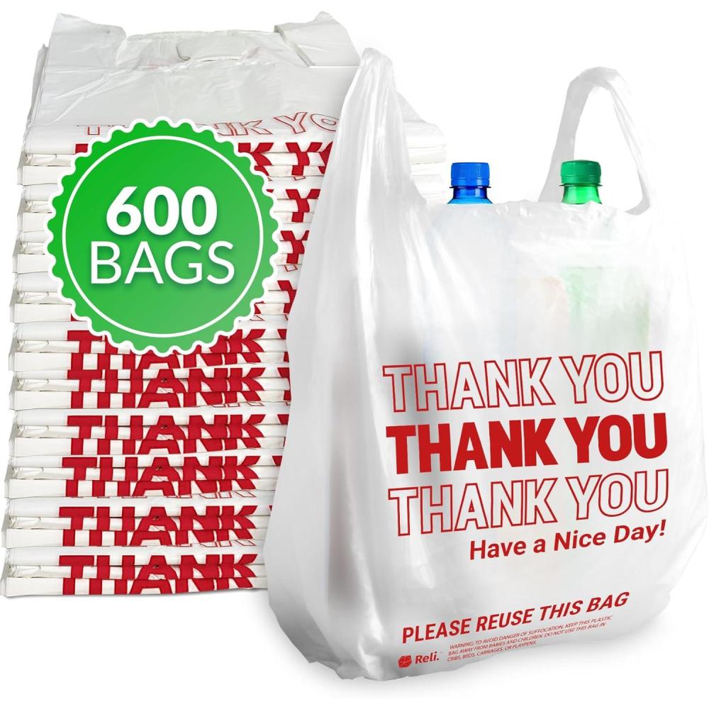 imageReli Thank You Bags 600 Pack White Thank You Plastic Bags with Handles Ideal for Grocery Shopping Food Take Out Restaurants Small Business 115 x 65 x 21