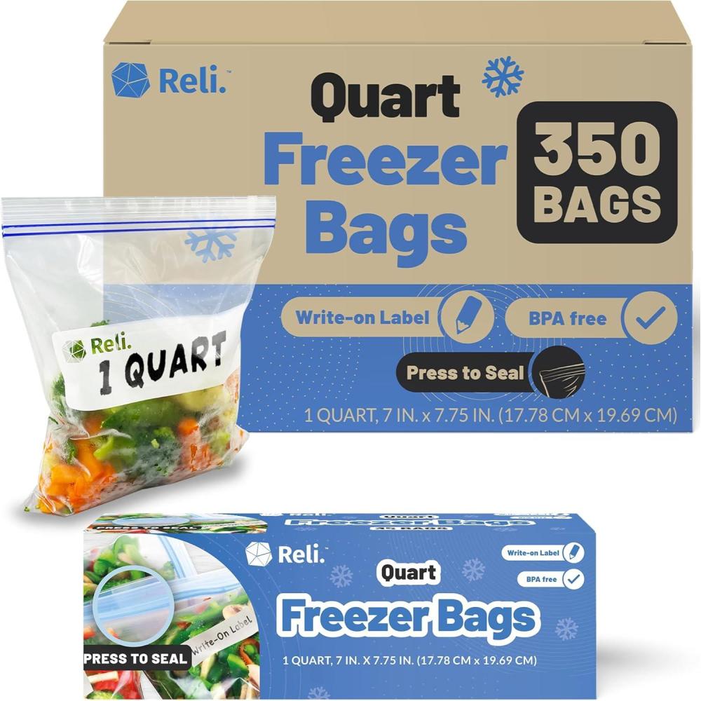 imageReli Quart Freezer Bags 350 Count 7x775 inch Freezer Bags Quart Size 1Qt Double Zipper Press to Seal Write On Label Food Storage for Freezing Bulk Clear
